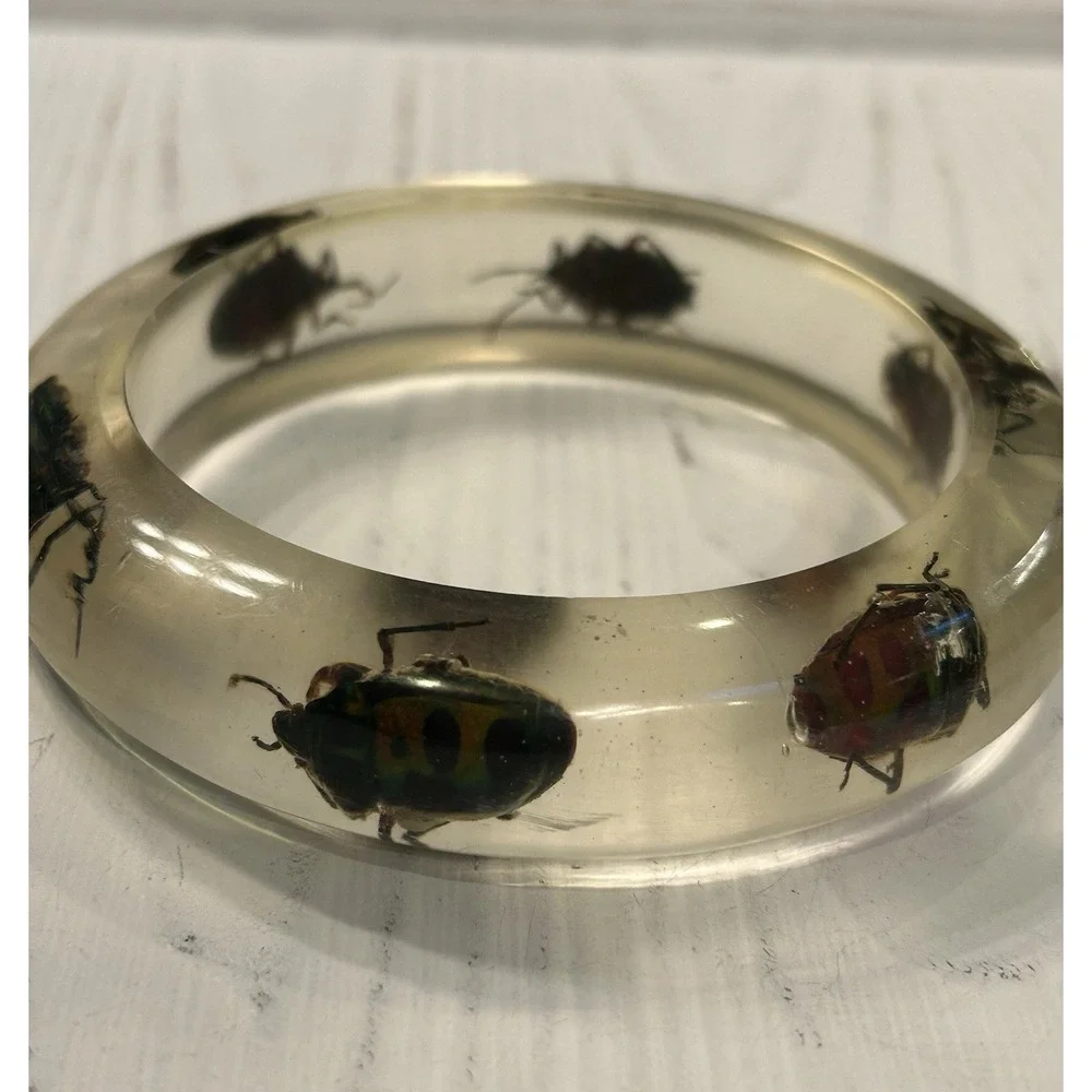 Vintage Neon Beatle Clear Lucite Bangle Bracelet Rare Excellent Fluorescent